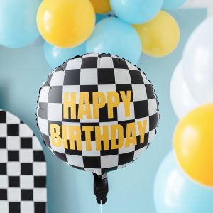 GLOBO FOIL BANDERA DE CUADROS HAPPY BIRTHDAY